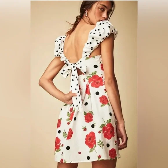 Free People White Polka Dot & Red Floral Cutout Mini Dress - Picture 2 of 5